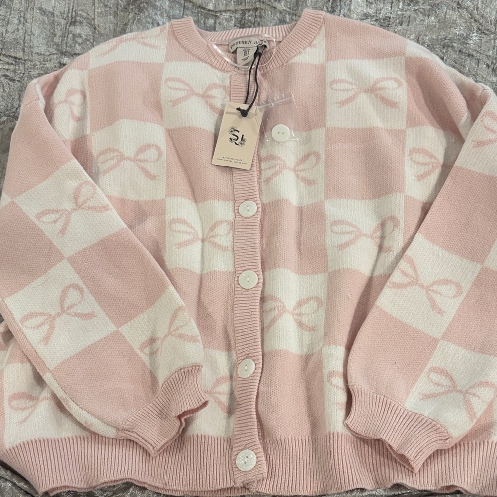 Sincerely Jules Pink and White Bow-Check Cardigan